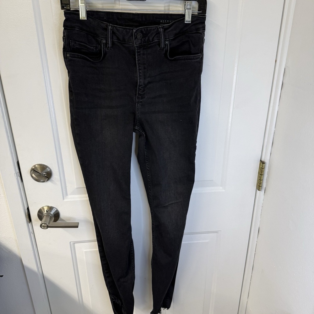 All Saints Dax Asymmetric Raw Hem Jeans Black Skinny Stretch Womens Size Med